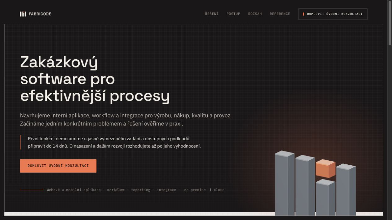 Skutečný náhled webu Fabricode s nabídkou zakázkového softwaru